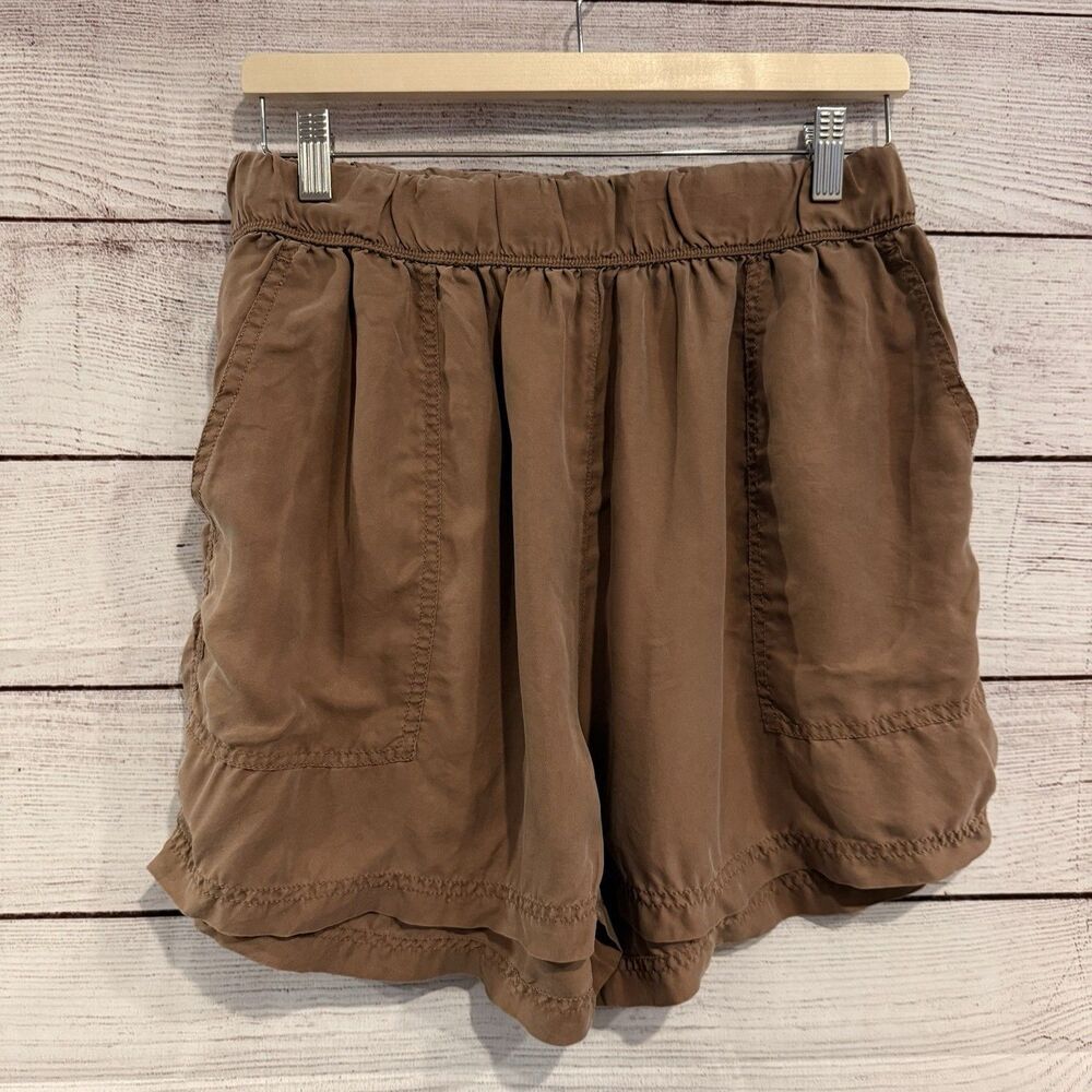 Unsubscribed Silk Paperbag Waist Shorts Brown Pull On Relaxed Fit Pocketed